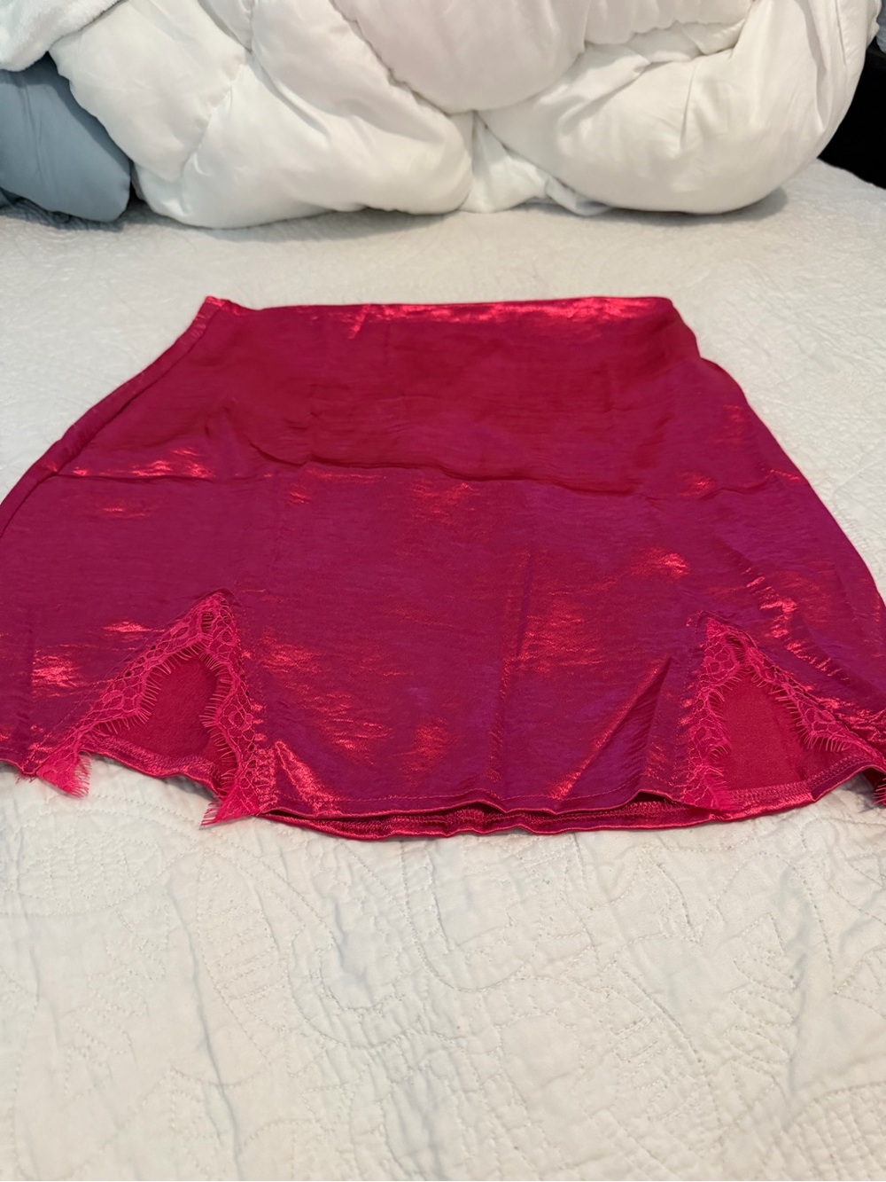 Red Satin Lace-Trim Mini Skirt - Picture 3 of 6
